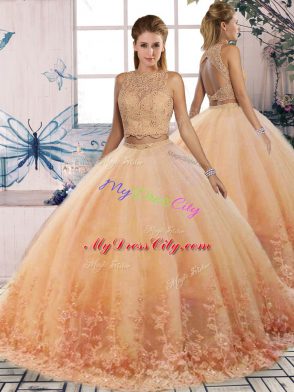 Peach Quinceanera Dresses Scalloped Sleeveless Sweep Train Backless
