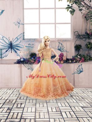 Peach Quinceanera Dresses Scalloped Sleeveless Sweep Train Backless