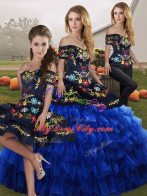 Organza Off The Shoulder Sleeveless Lace Up Embroidery and Ruffled Layers Sweet 16 Quinceanera Dress in Blue And Black