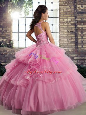 Apple Green Lace Up Vestidos de Quinceanera Lace and Embroidery and Ruffles Sleeveless Floor Length
