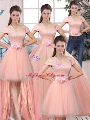New Style Pink Tulle Lace Up Sweet 16 Quinceanera Dress Short Sleeves Floor Length Lace and Hand Made Flower