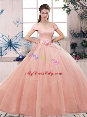 New Style Pink Tulle Lace Up Sweet 16 Quinceanera Dress Short Sleeves Floor Length Lace and Hand Made Flower