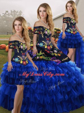 Blue And Black Quinceanera Dress Military Ball and Sweet 16 and Quinceanera with Embroidery and Ruffled Layers Off The Shoulder Sleeveless Lace Up