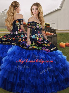 Blue And Black Quinceanera Dress Military Ball and Sweet 16 and Quinceanera with Embroidery and Ruffled Layers Off The Shoulder Sleeveless Lace Up