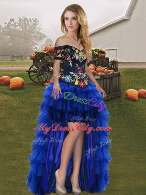Blue And Black Quinceanera Dress Military Ball and Sweet 16 and Quinceanera with Embroidery and Ruffled Layers Off The Shoulder Sleeveless Lace Up
