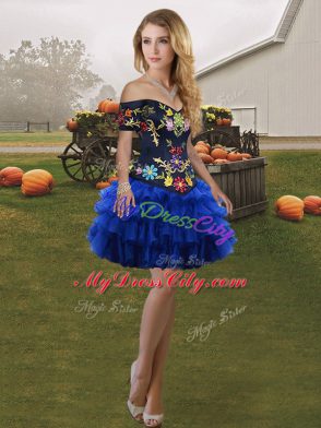 Blue And Black Quinceanera Dress Military Ball and Sweet 16 and Quinceanera with Embroidery and Ruffled Layers Off The Shoulder Sleeveless Lace Up