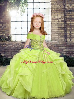 Beauteous Floor Length Ball Gowns Sleeveless Yellow Green Kids Formal Wear Lace Up