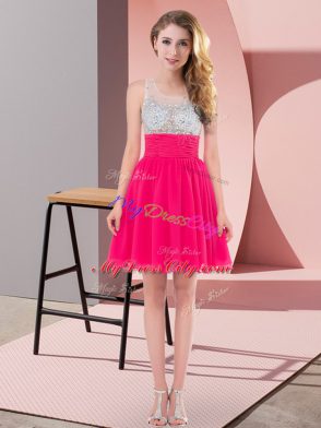 Best Hot Pink Empire Beading Bridesmaid Gown Side Zipper Chiffon Sleeveless Mini Length