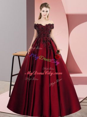 Elegant Floor Length Wine Red Sweet 16 Dresses Satin Sleeveless Lace