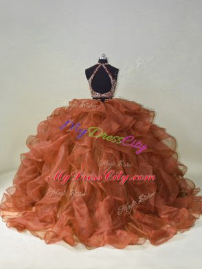 Trendy Brown Backless Quinceanera Gown Beading and Ruffles Sleeveless Brush Train