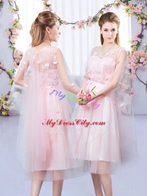 V-neck Sleeveless Tulle Bridesmaid Dress Appliques Lace Up