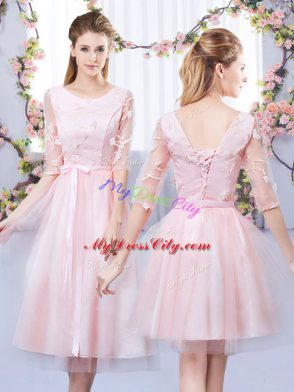 V-neck Sleeveless Tulle Bridesmaid Dress Appliques Lace Up
