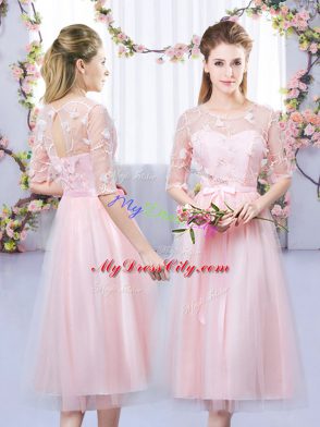 V-neck Sleeveless Tulle Bridesmaid Dress Appliques Lace Up