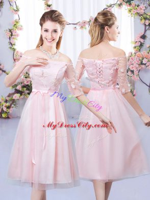 V-neck Sleeveless Tulle Bridesmaid Dress Appliques Lace Up