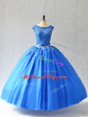 Blue Ball Gowns Beading and Appliques Quinceanera Gowns Lace Up Tulle Sleeveless Floor Length