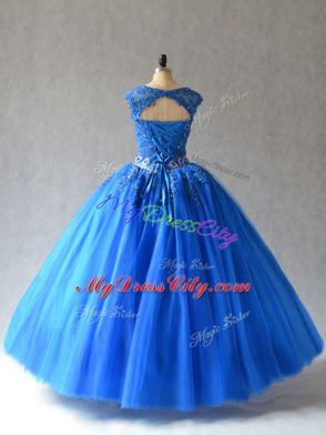 Blue Ball Gowns Beading and Appliques Quinceanera Gowns Lace Up Tulle Sleeveless Floor Length