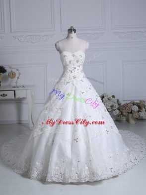 Dramatic Sleeveless Chapel Train Beading and Lace Lace Up Wedding Dress