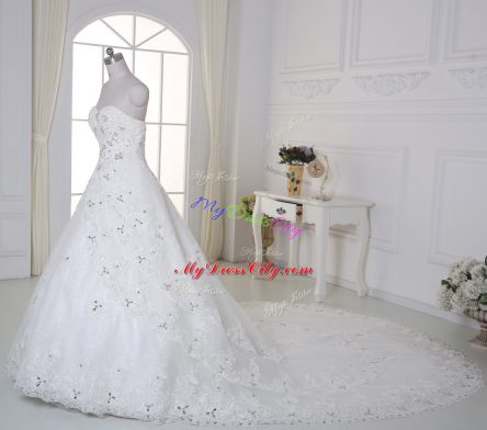 Dramatic Sleeveless Chapel Train Beading and Lace Lace Up Wedding Dress