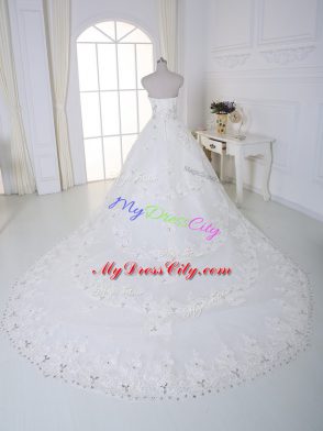 Dramatic Sleeveless Chapel Train Beading and Lace Lace Up Wedding Dress