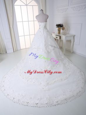 Dramatic Sleeveless Chapel Train Beading and Lace Lace Up Wedding Dress