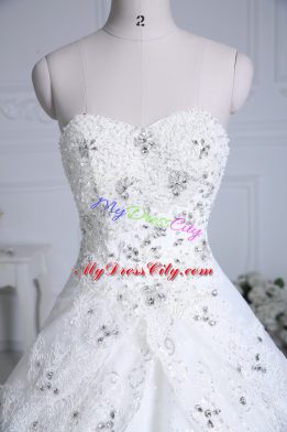 Dramatic Sleeveless Chapel Train Beading and Lace Lace Up Wedding Dress