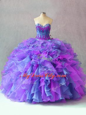 Beading and Appliques and Ruffles Sweet 16 Dresses Multi-color Lace Up Sleeveless Floor Length