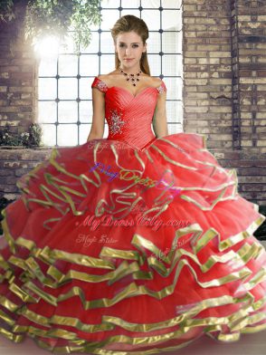 Enchanting Floor Length Coral Red Ball Gown Prom Dress Tulle Sleeveless Beading and Ruffled Layers