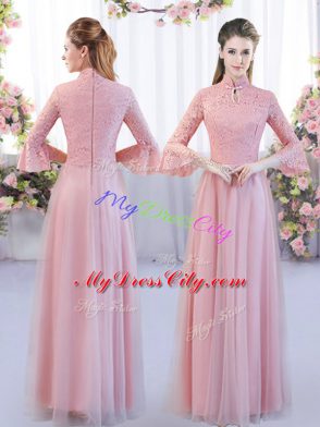 Pink Empire Lace Wedding Party Dress Zipper Tulle Cap Sleeves Floor Length