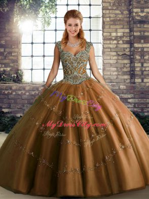 Inexpensive Straps Sleeveless Tulle Sweet 16 Dress Beading and Appliques Lace Up
