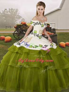 Fabulous Off The Shoulder Sleeveless 15th Birthday Dress Brush Train Embroidery and Ruffled Layers Olive Green Tulle