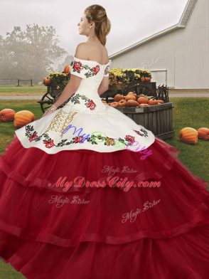 Fabulous Off The Shoulder Sleeveless 15th Birthday Dress Brush Train Embroidery and Ruffled Layers Olive Green Tulle