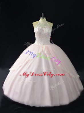 Fancy Floor Length Pink Quinceanera Gowns Tulle Sleeveless Beading and Appliques