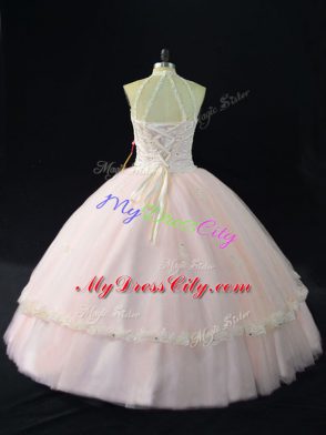 Fancy Floor Length Pink Quinceanera Gowns Tulle Sleeveless Beading and Appliques