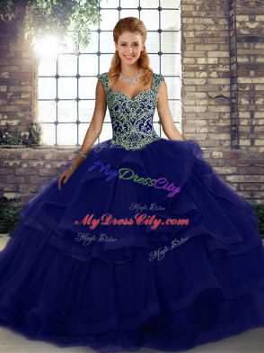 Luxury Sleeveless Floor Length Beading and Ruffles Lace Up Sweet 16 Quinceanera Dress with Purple