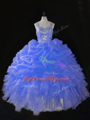 Beading and Ruffles Ball Gown Prom Dress Blue Zipper Sleeveless Floor Length