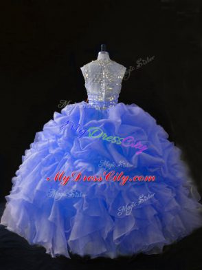 Beading and Ruffles Ball Gown Prom Dress Blue Zipper Sleeveless Floor Length
