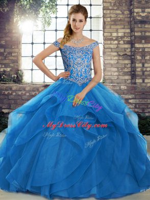 Tulle Sleeveless Quinceanera Gowns Brush Train and Beading and Ruffles