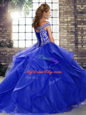 Tulle Sleeveless Quinceanera Gowns Brush Train and Beading and Ruffles