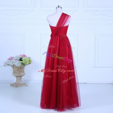 Glittering Sleeveless Tulle Floor Length Zipper Quinceanera Dama Dress in Wine Red with Ruching