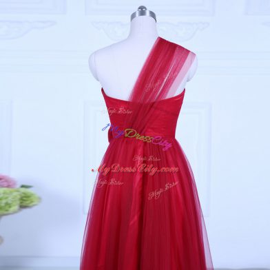 Glittering Sleeveless Tulle Floor Length Zipper Quinceanera Dama Dress in Wine Red with Ruching