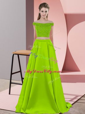 Beading Evening Outfits Yellow Green Backless Sleeveless Sweep Train