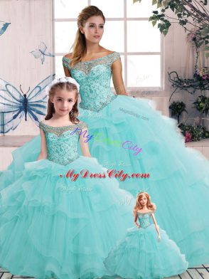 Floor Length Aqua Blue Quinceanera Gowns Tulle Sleeveless Beading and Ruffles