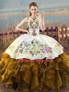 Custom Fit Floor Length Brown Quinceanera Dresses Halter Top Sleeveless Lace Up