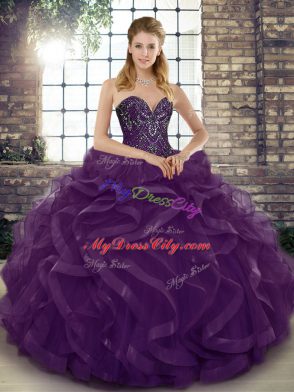 Super Floor Length Dark Purple Vestidos de Quinceanera Tulle Sleeveless Beading and Ruffles