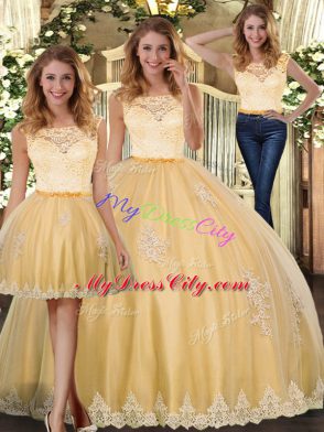 Best Selling Scoop Sleeveless Tulle 15 Quinceanera Dress Lace and Appliques Clasp Handle