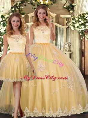 Best Selling Scoop Sleeveless Tulle 15 Quinceanera Dress Lace and Appliques Clasp Handle