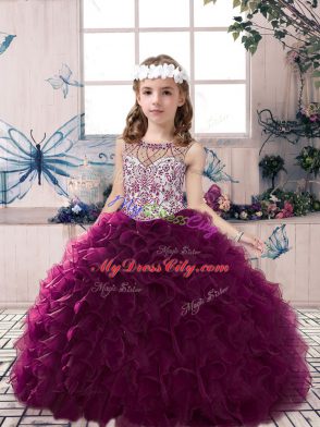 Charming Dark Purple Sleeveless Floor Length Beading and Ruffles Lace Up Pageant Dress