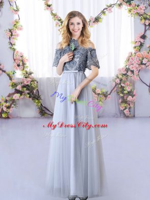 Great Off The Shoulder Short Sleeves Zipper Quinceanera Dama Dress Grey Tulle