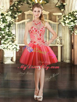 Smart Coral Red Halter Top Neckline Embroidery Prom Evening Gown Sleeveless Lace Up