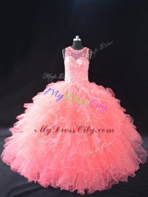 Vintage Watermelon Red Quinceanera Dress Sweet 16 and Quinceanera with Beading and Ruffles Scoop Sleeveless Lace Up
